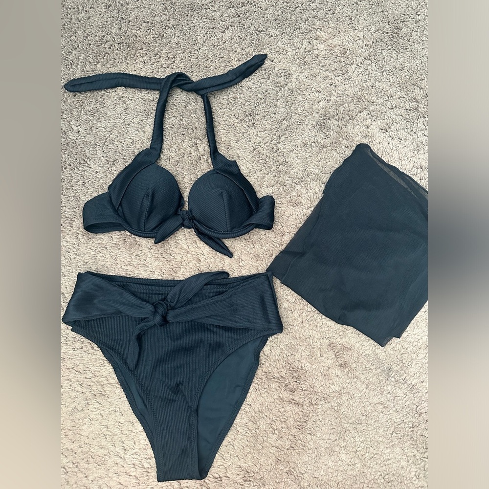 Black Ribbed Bikini with Sheer Coverup